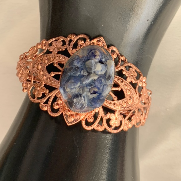 Rose Gold Floral Filigree Blue Agate Cuff Bracelet - Picture 2 of 9